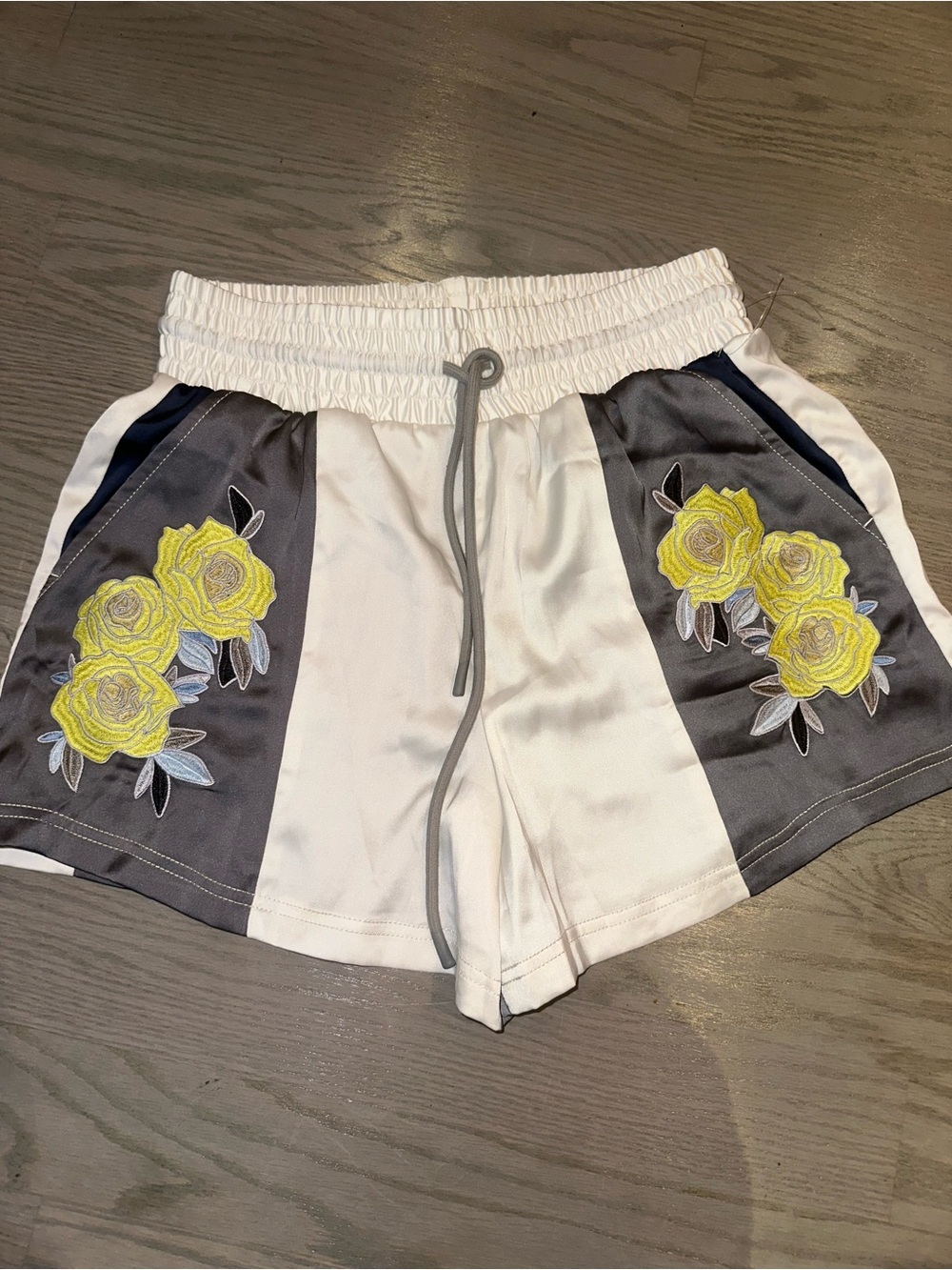 FP Movement by Free People White & Gray High Waist Floral Embroidered Shorts